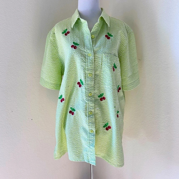 Quacker Factory Tops - Quaker Factory Blouse Lime Green White Cherry Embroidered Gingham 90s Large